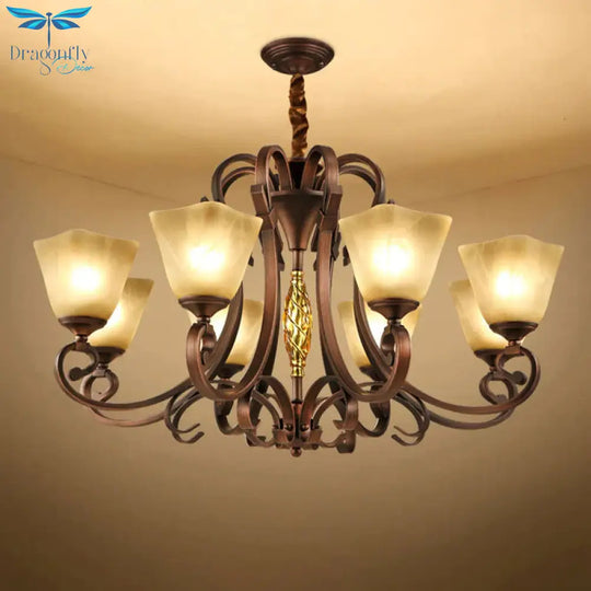 Pyramid Living Room Chandelier Lighting Antique Beige Glass 6/8 Heads Brown Suspension Light
