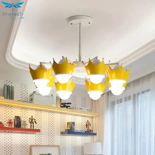 Radial Iron Ceiling Chandelier Kid 6/8 Bulbs Yellow/Blue Hanging Pendant Light With Crown Lamp Shade