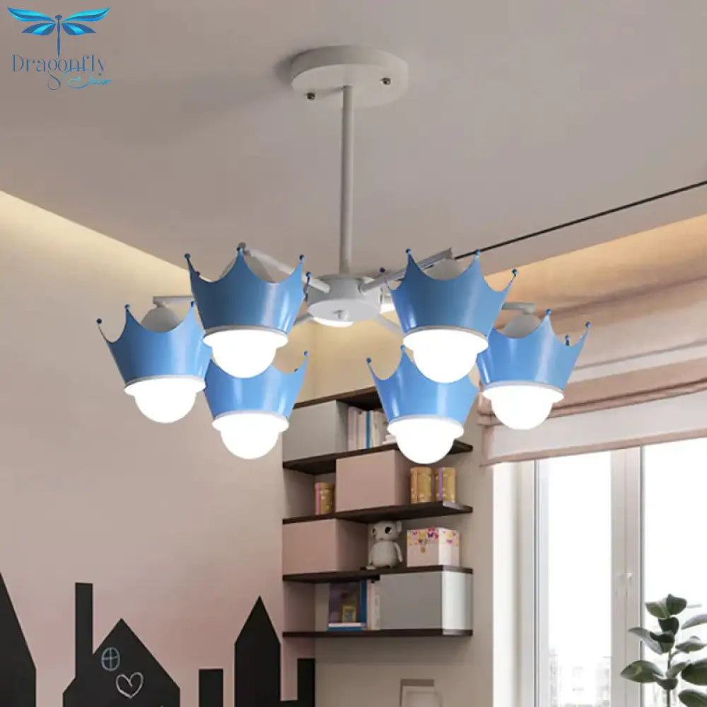 Radial Iron Ceiling Chandelier Kid 6/8 Bulbs Yellow/Blue Hanging Pendant Light With Crown Lamp Shade