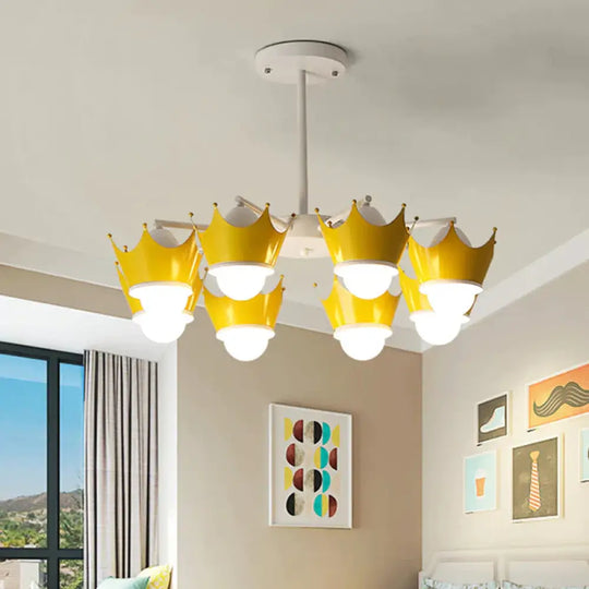Radial Iron Ceiling Chandelier Kid 6/8 Bulbs Yellow/Blue Hanging Pendant Light With Crown Lamp