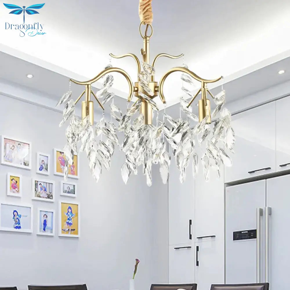 Raindrop Crystal Ceiling Chandelier Traditionalism 4 Heads Living Room Down Lighting In Gold