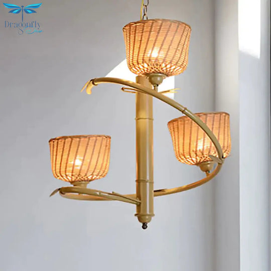 Rattan Basket Shade Chandelier Light Country Style 1/2 - Light Beige Ceiling Lamp With Bird Cage