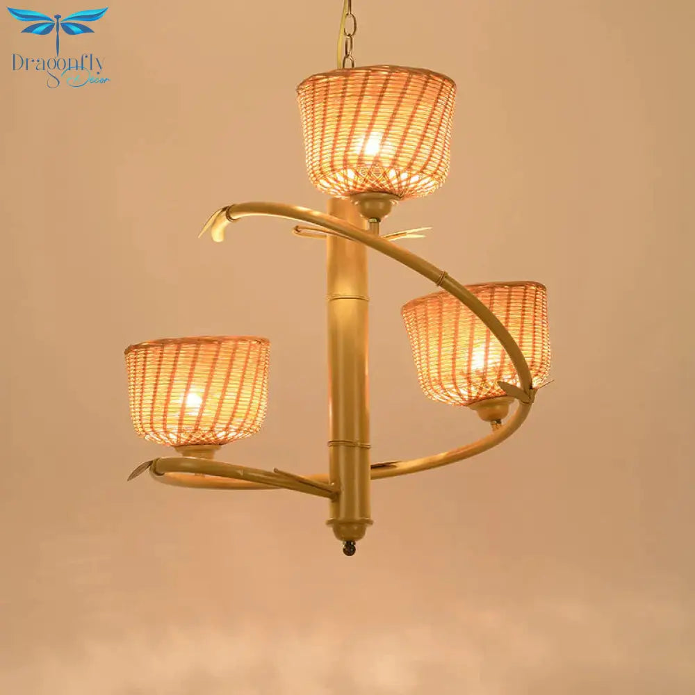 Rattan Basket Shade Chandelier Light Country Style 1/2 - Light Beige Ceiling Lamp With Bird Cage