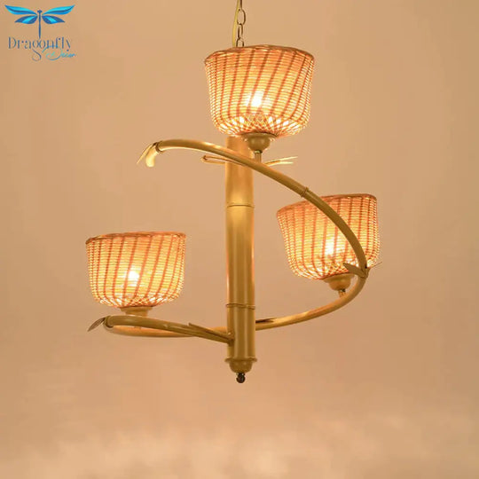 Rattan Basket Shade Chandelier Light Country Style 1/2 - Light Beige Ceiling Lamp With Bird Cage