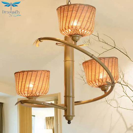 Rattan Basket Shade Chandelier Light Country Style 1/2 - Light Beige Ceiling Lamp With Bird Cage