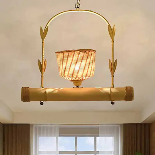 Rattan Basket Shade Chandelier Light Country Style 1/2 - Light Beige Ceiling Lamp With Bird Cage