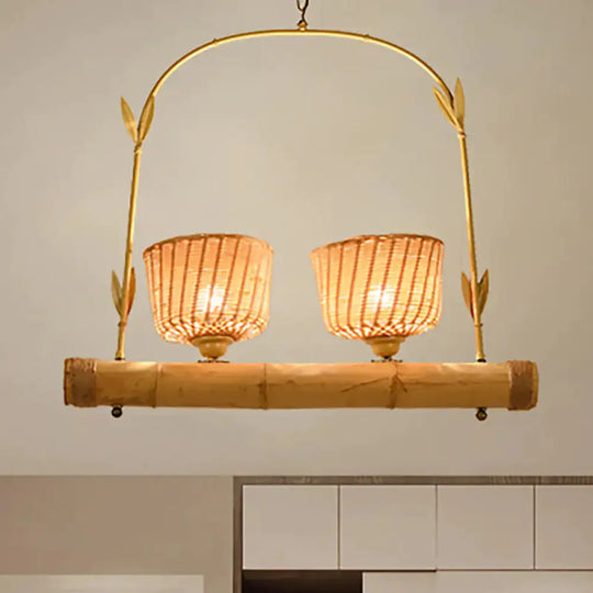 Rattan Basket Shade Chandelier Light Country Style 1/2 - Light Beige Ceiling Lamp With Bird Cage