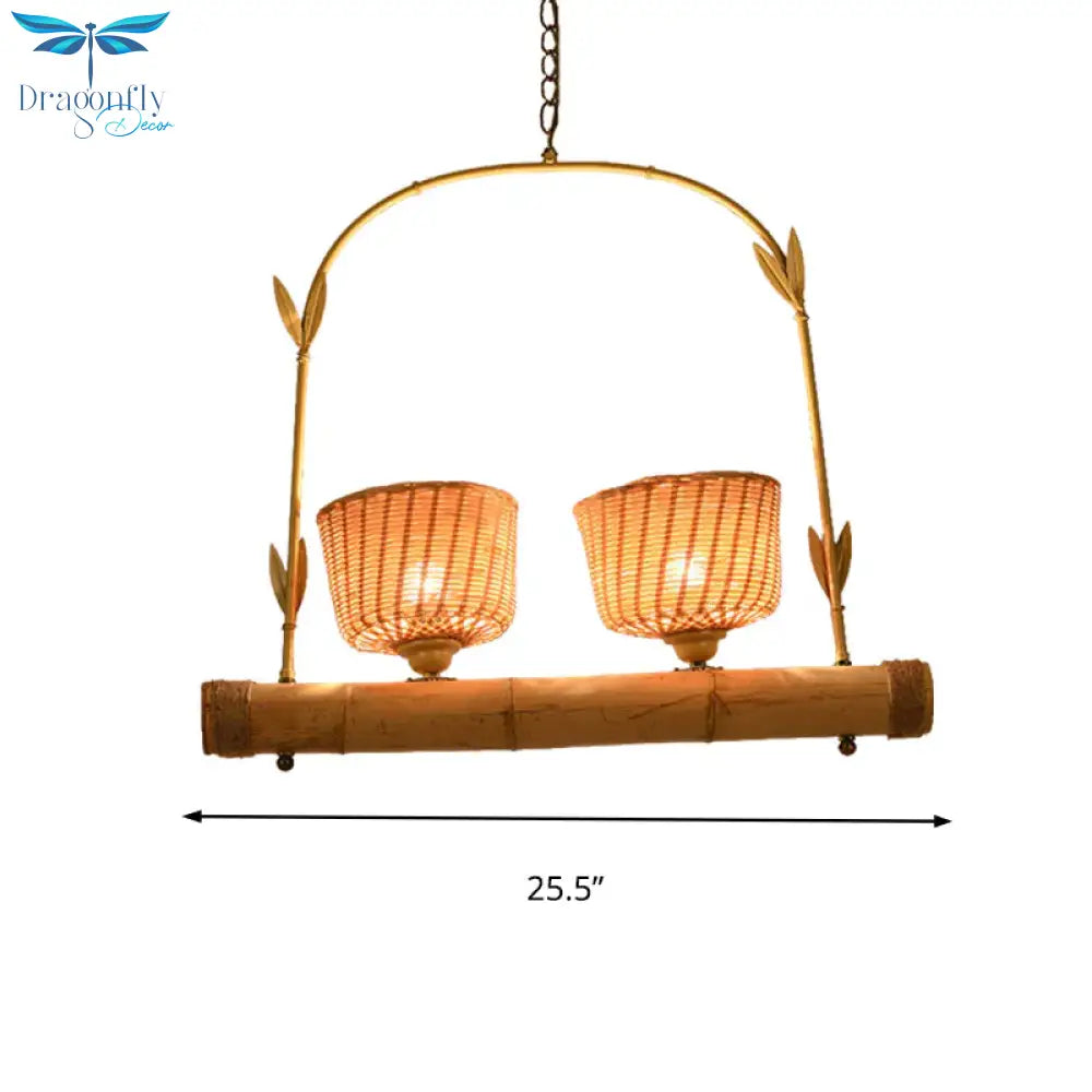 Rattan Basket Shade Chandelier Light Country Style 1/2 - Light Beige Ceiling Lamp With Bird Cage
