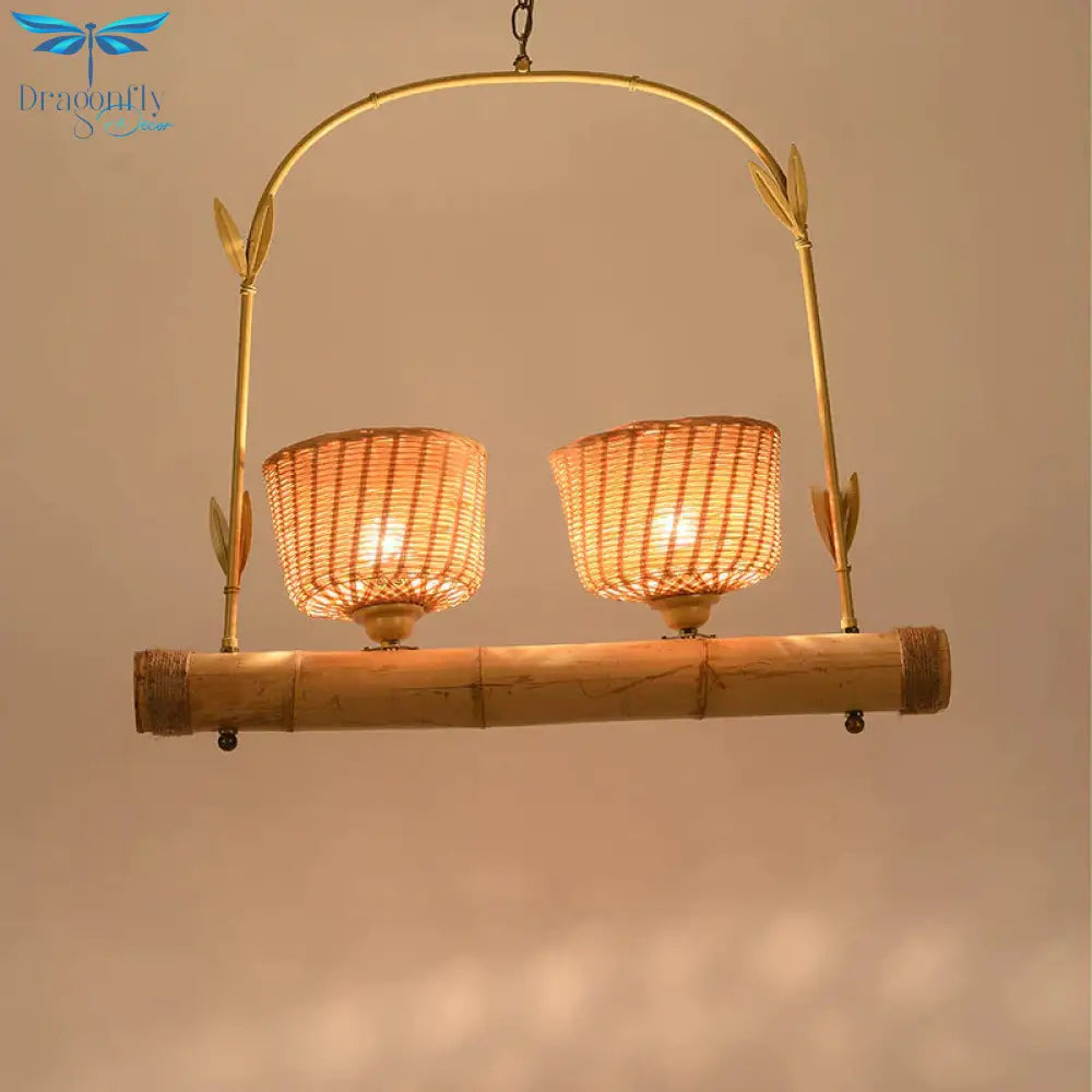 Rattan Basket Shade Chandelier Light Country Style 1/2 - Light Beige Ceiling Lamp With Bird Cage