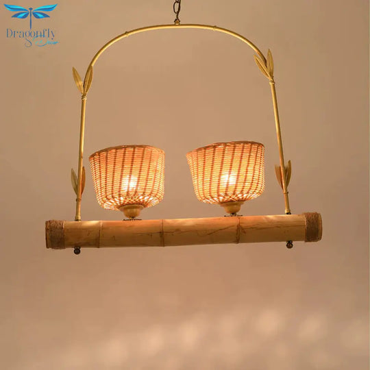 Rattan Basket Shade Chandelier Light Country Style 1/2 - Light Beige Ceiling Lamp With Bird Cage