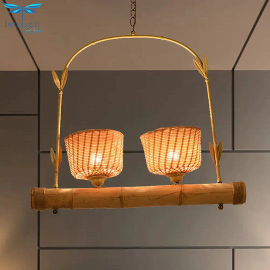 Rattan Basket Shade Chandelier Light Country Style 1/2 - Light Beige Ceiling Lamp With Bird Cage