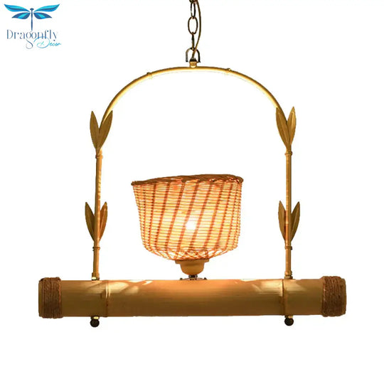 Rattan Basket Shade Chandelier Light Country Style 1/2 - Light Beige Ceiling Lamp With Bird Cage
