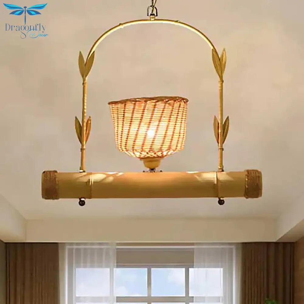 Rattan Basket Shade Chandelier Light Country Style 1/2 - Light Beige Ceiling Lamp With Bird Cage