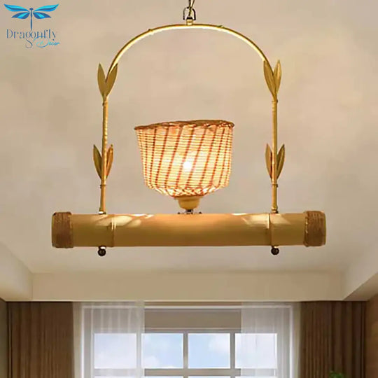 Rattan Basket Shade Chandelier Light Country Style 1/2 - Light Beige Ceiling Lamp With Bird Cage