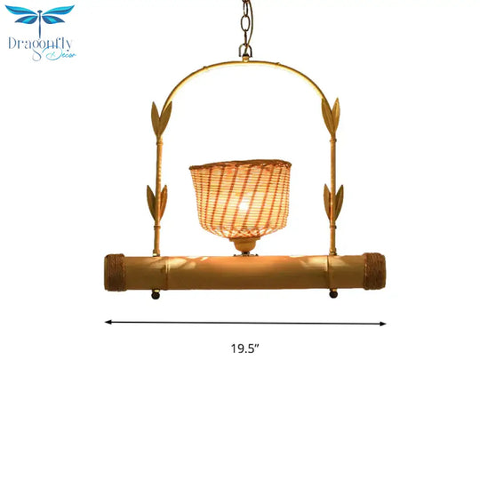 Rattan Basket Shade Chandelier Light Country Style 1/2 - Light Beige Ceiling Lamp With Bird Cage
