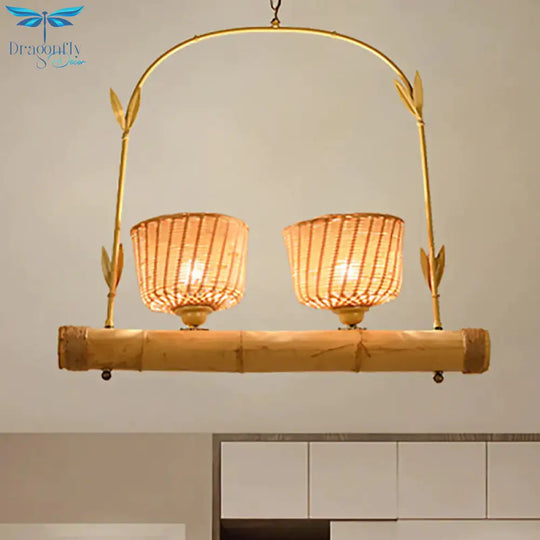 Rattan Basket Shade Chandelier Light Country Style 1/2 - Light Beige Ceiling Lamp With Bird Cage