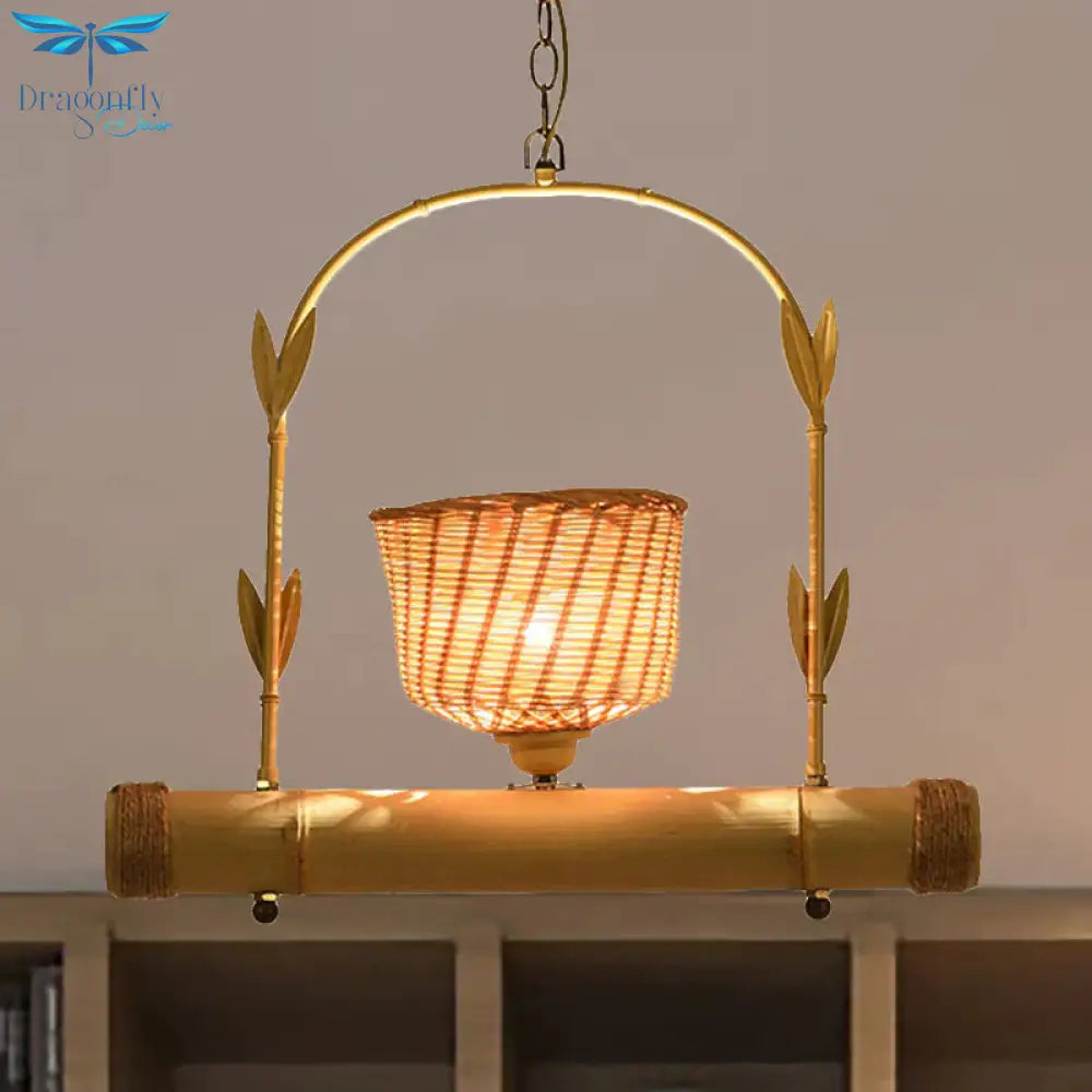 Rattan Basket Shade Chandelier Light Country Style 1/2 - Light Beige Ceiling Lamp With Bird Cage