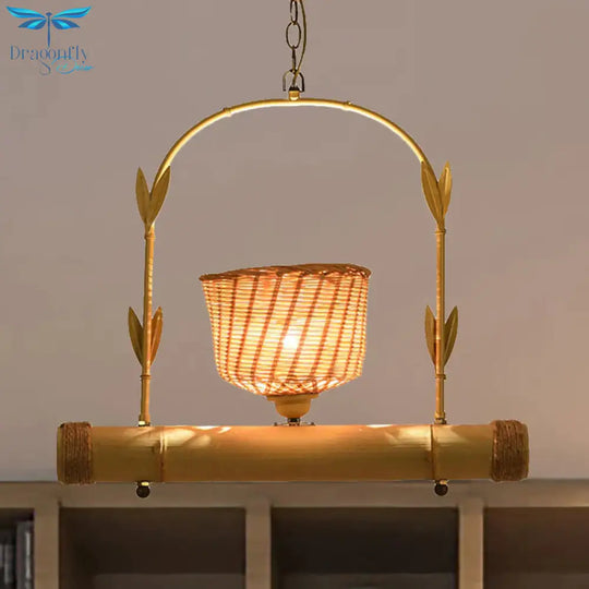 Rattan Basket Shade Chandelier Light Country Style 1/2 - Light Beige Ceiling Lamp With Bird Cage
