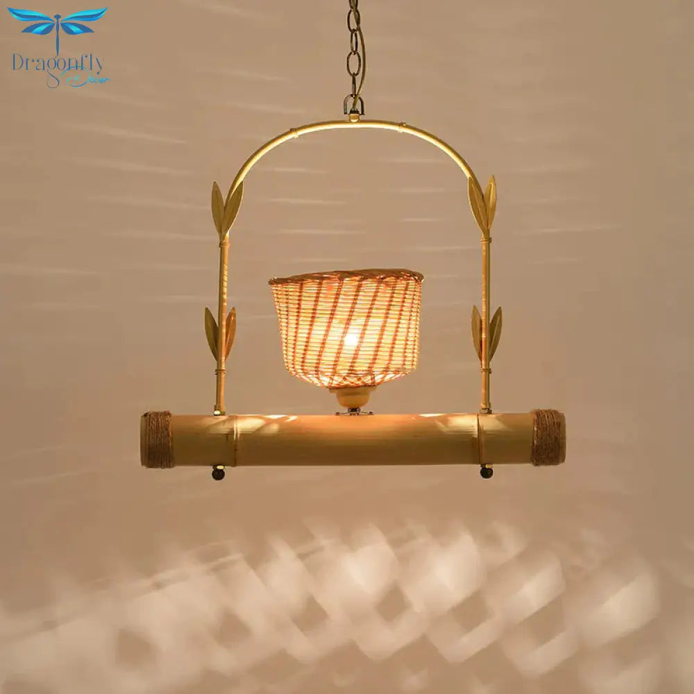 Rattan Basket Shade Chandelier Light Country Style 1/2 - Light Beige Ceiling Lamp With Bird Cage