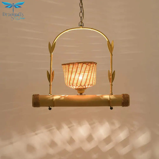 Rattan Basket Shade Chandelier Light Country Style 1/2 - Light Beige Ceiling Lamp With Bird Cage