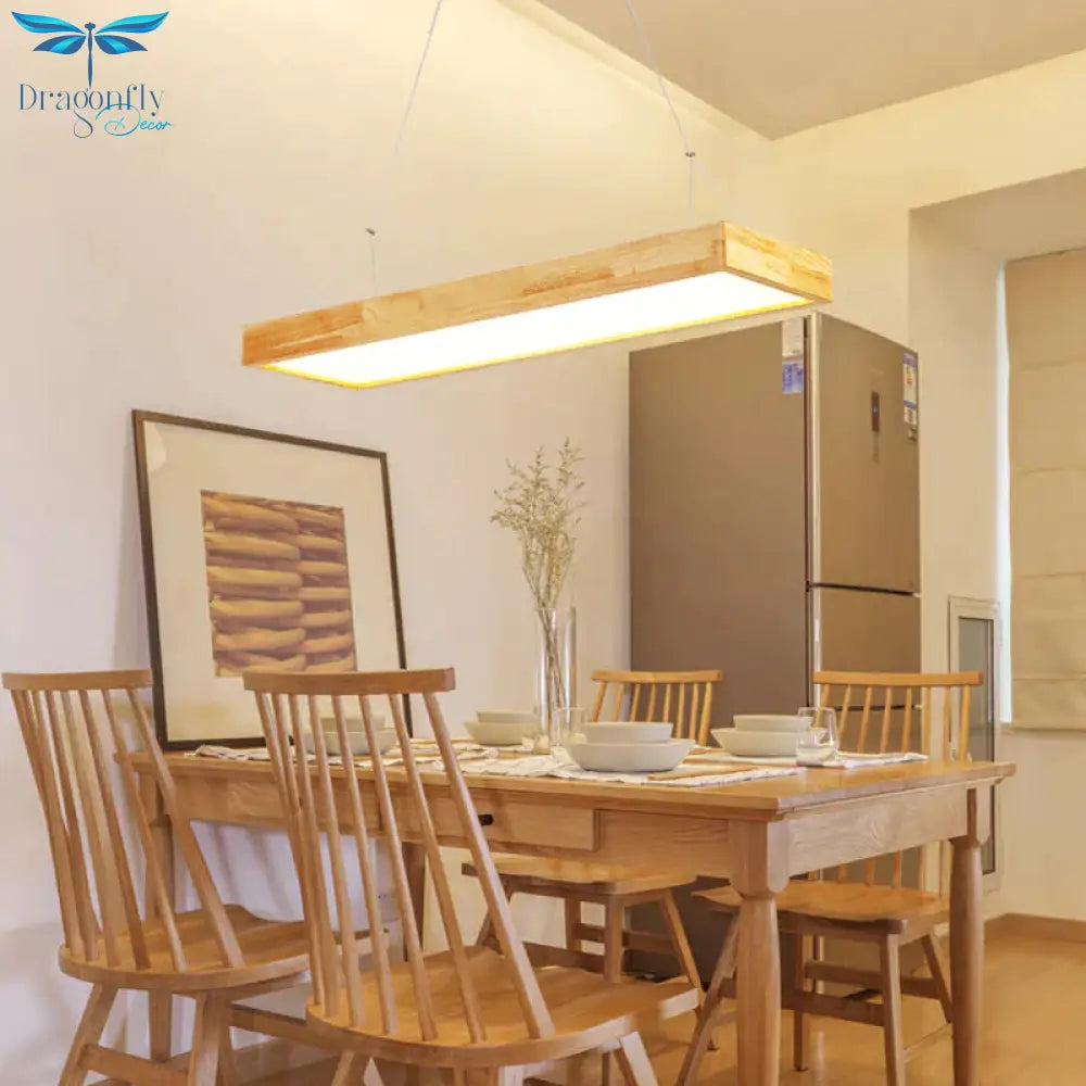 Rectangle Chandelier Lighting Nordic Wood Led Beige Pendant Light Fixture 23.5’/35.5’/47’ Wide