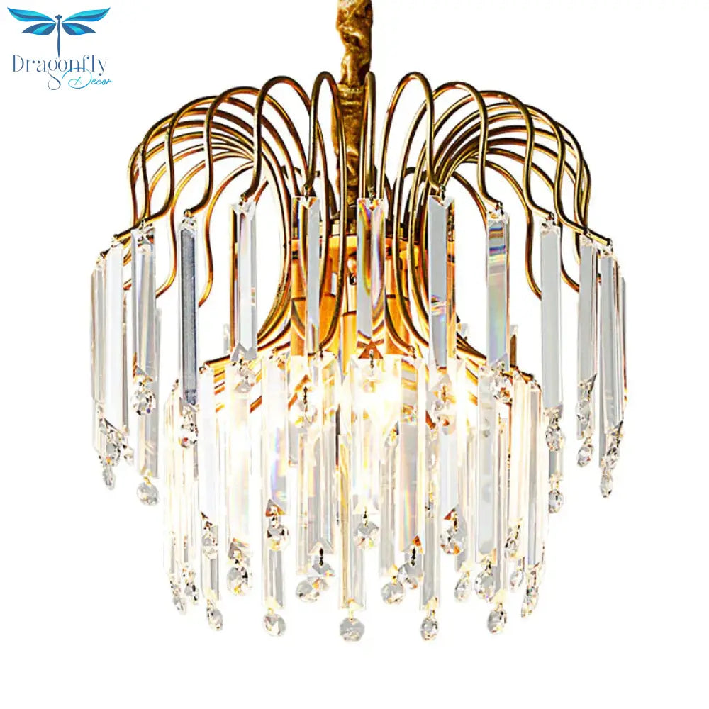 Rectangle - Cut Crystal Gold Hanging Chandelier Waterfall 3 Lights Vintage Down Lighting Pendant