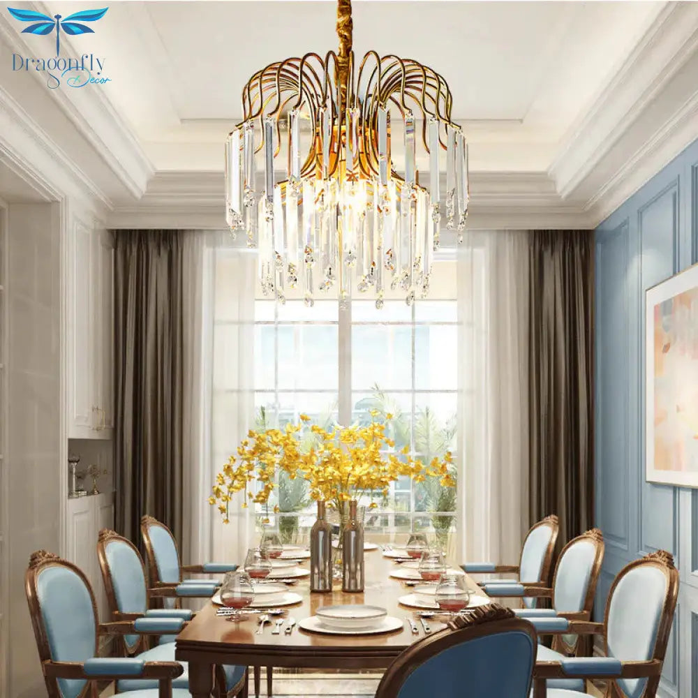 Rectangle - Cut Crystal Gold Hanging Chandelier Waterfall 3 Lights Vintage Down Lighting Pendant