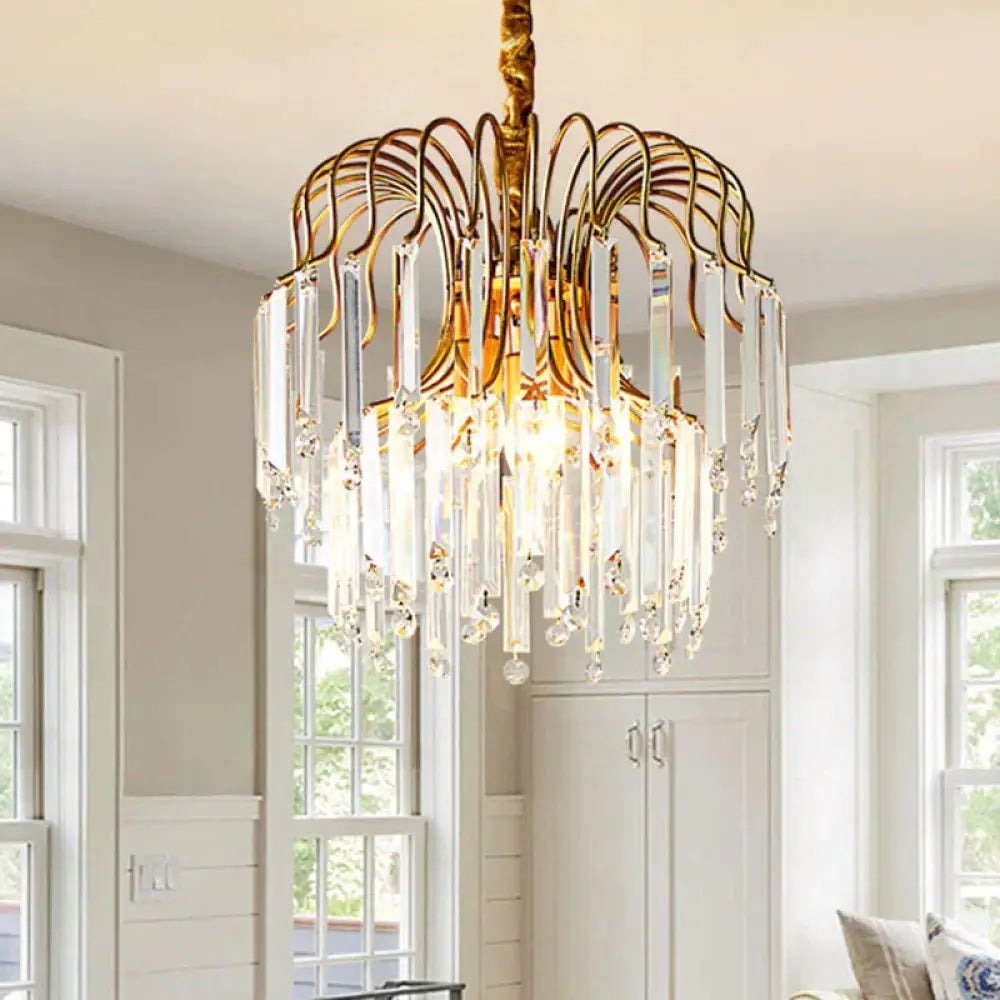 Rectangle - Cut Crystal Gold Hanging Chandelier Waterfall 3 Lights Vintage Down Lighting Pendant