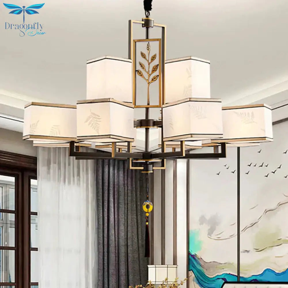 Rectangle Fabric Ceiling Chandelier Classic 6/8/12 Lights Living Room Pendant Lamp In Black With