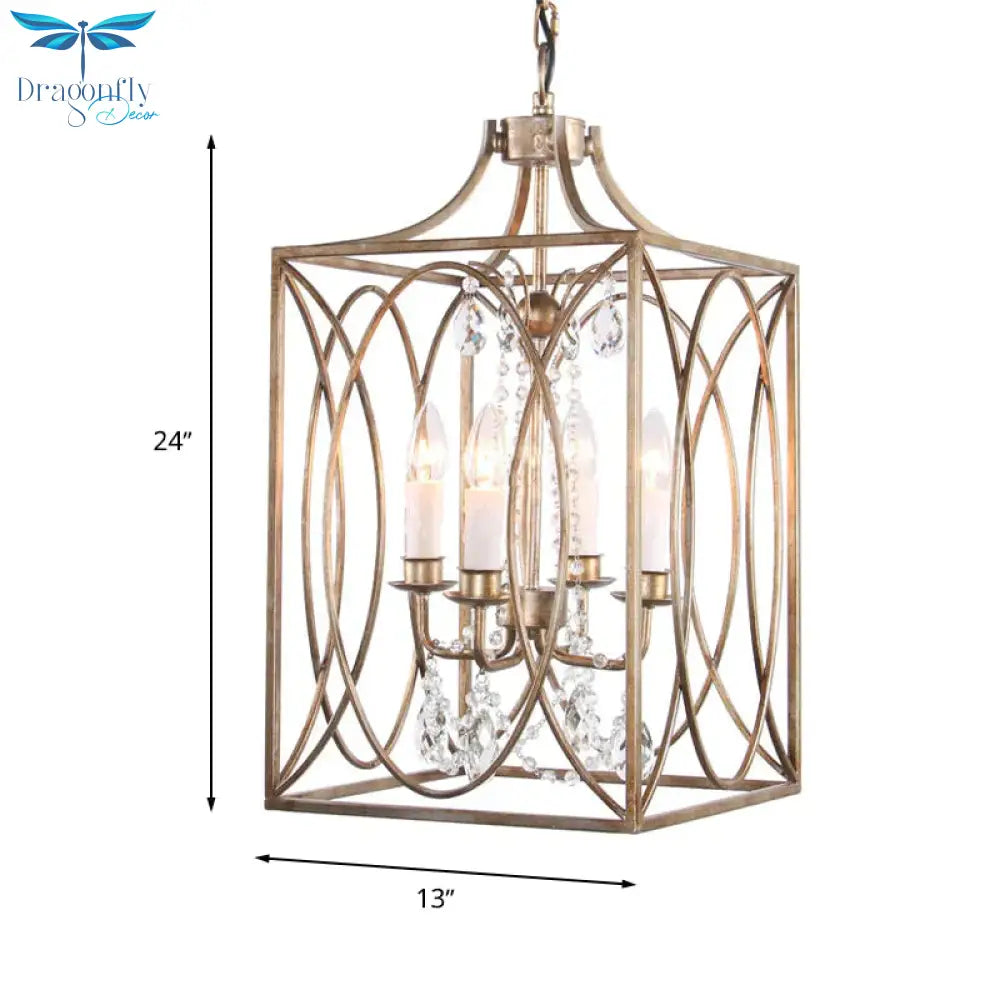 Rectangle Living Room Hanging Lamp Traditional Metal 4 Bulbs Brass Chandelier Pendant Light With