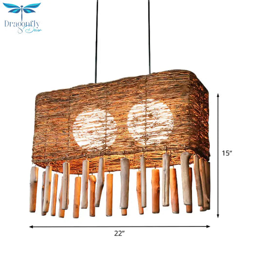 Rectangle Rattan Chandelier Light Chinese 2 Bulbs Brown Suspended Lighting Fixture