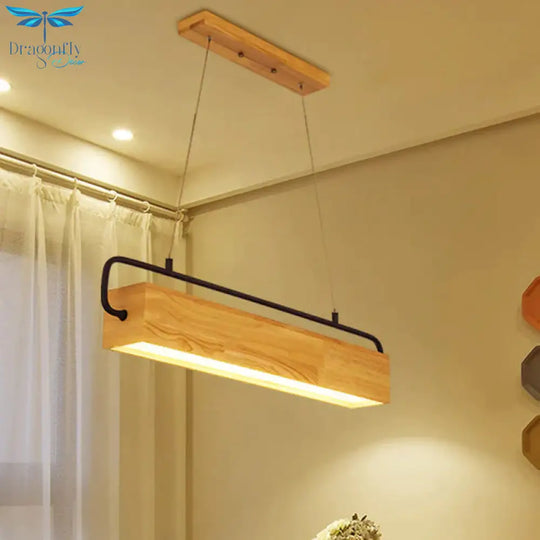 Rectangle Wood Hanging Chandelier Modern Beige Led Pendant Light Warm For Dining Room