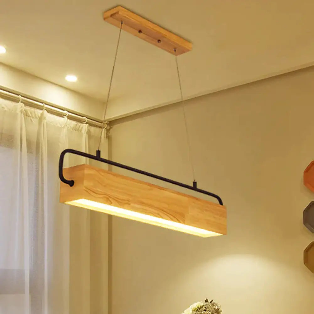 Rectangle Wood Hanging Chandelier Modern Beige Led Pendant Light Warm For Dining Room / 27.5’