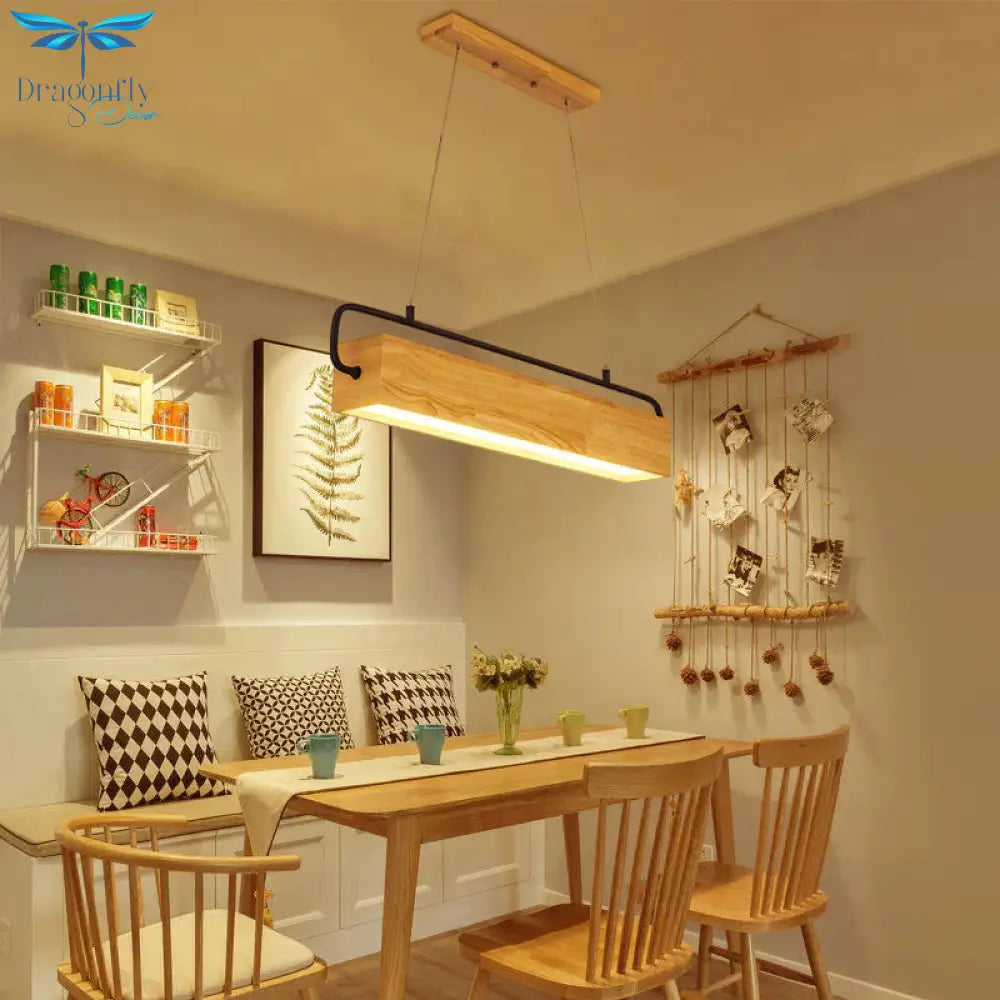 Rectangle Wood Hanging Chandelier Modern Beige Led Pendant Light Warm For Dining Room