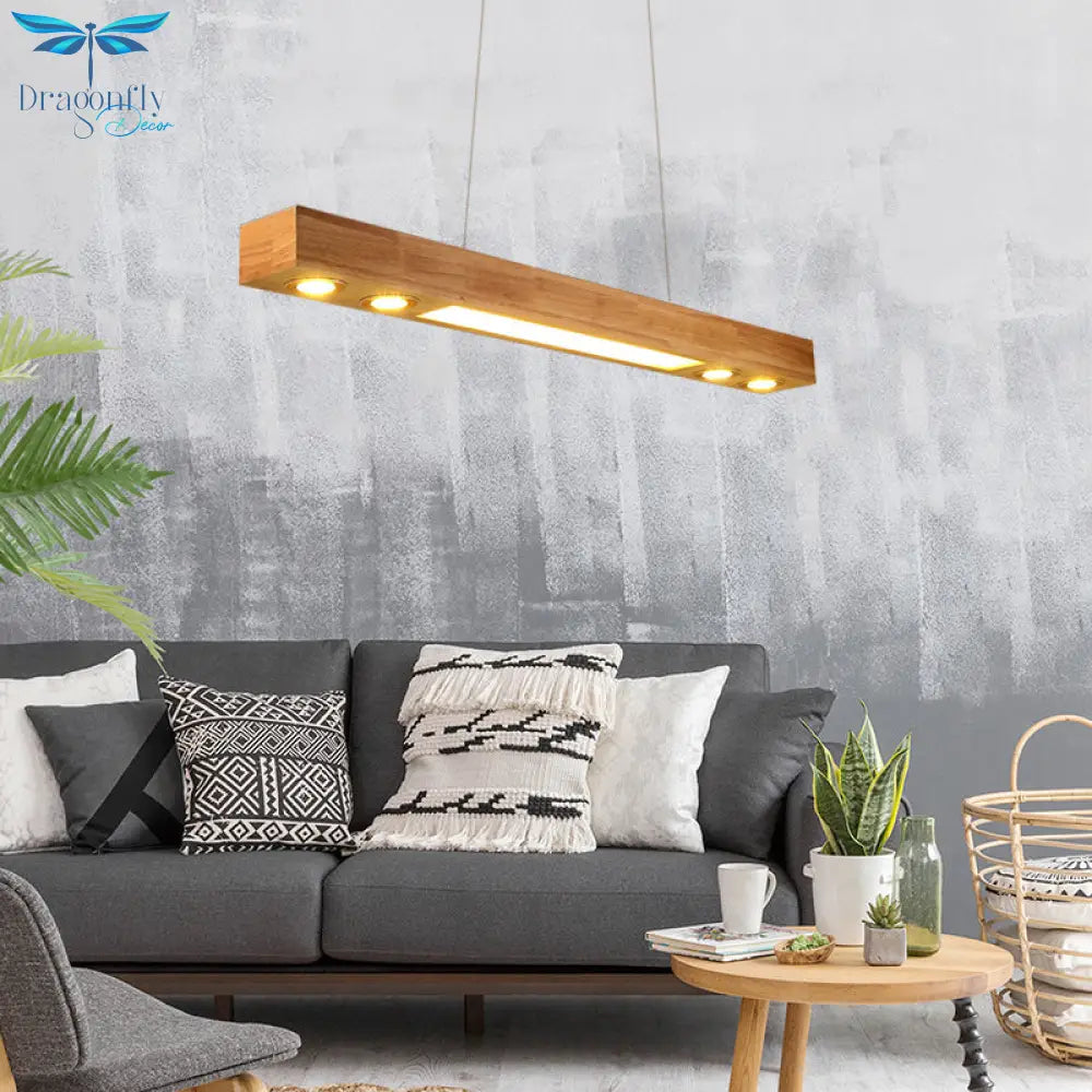 Rectangular Wood Chandelier Light Contemporary Led 31.5’/47’ Wide Beige Hanging Ceiling Lamp In Warm