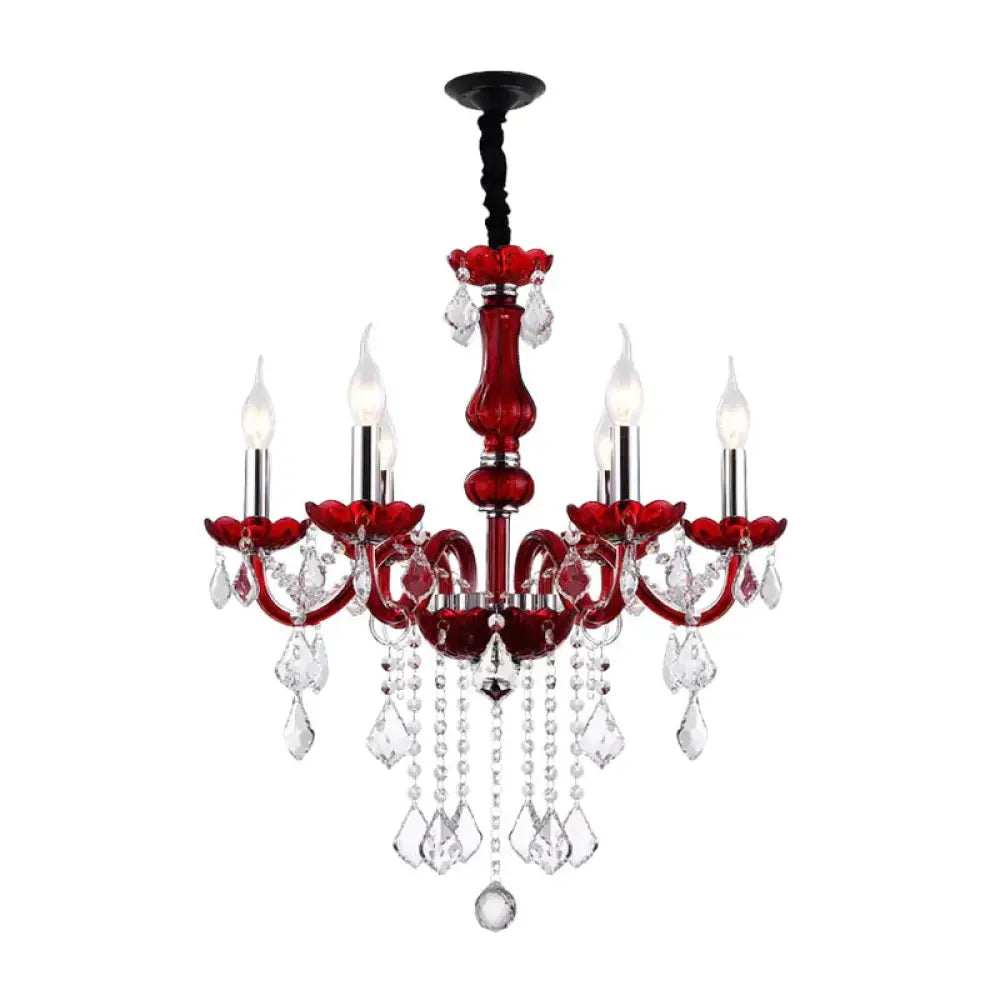 Red Candlestick Hanging Pendant Antique Faceted Crystal 6 Heads Living Room Chandelier