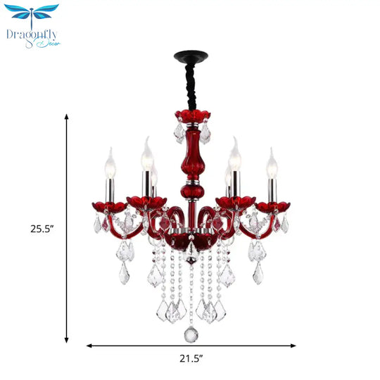 Red Candlestick Hanging Pendant Antique Faceted Crystal 6 Heads Living Room Chandelier