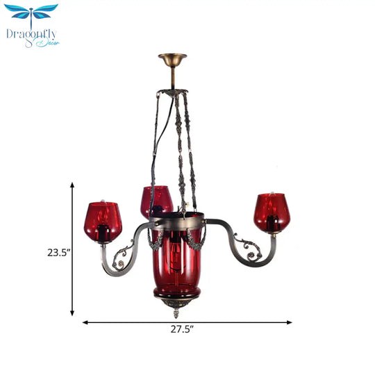 Red Glass Black Ceiling Chandelier Cup Shaped 4 Heads Art Deco Suspension Pendant Light