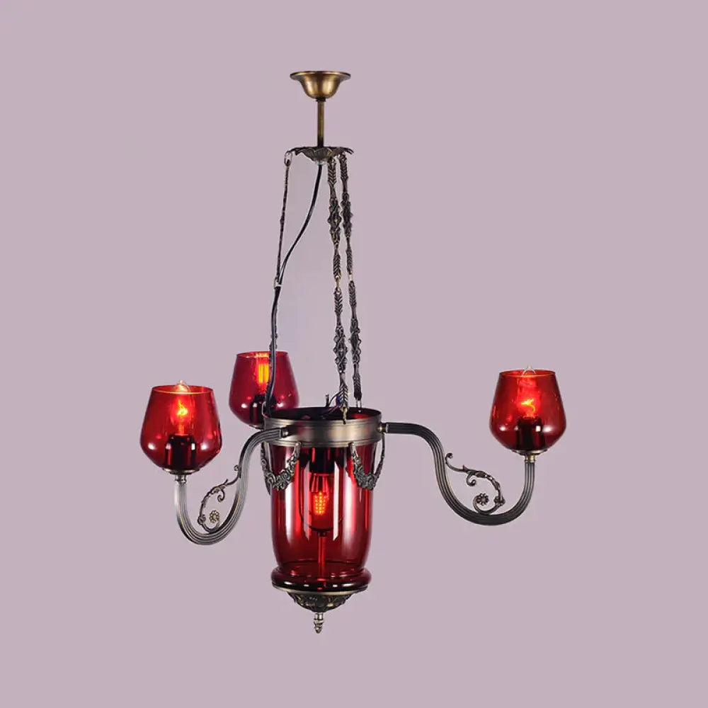 Red Glass Black Ceiling Chandelier Cup Shaped 4 Heads Art Deco Suspension Pendant Light