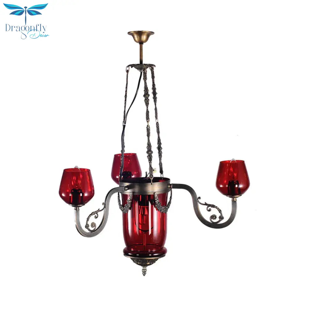 Red Glass Black Ceiling Chandelier Cup Shaped 4 Heads Art Deco Suspension Pendant Light