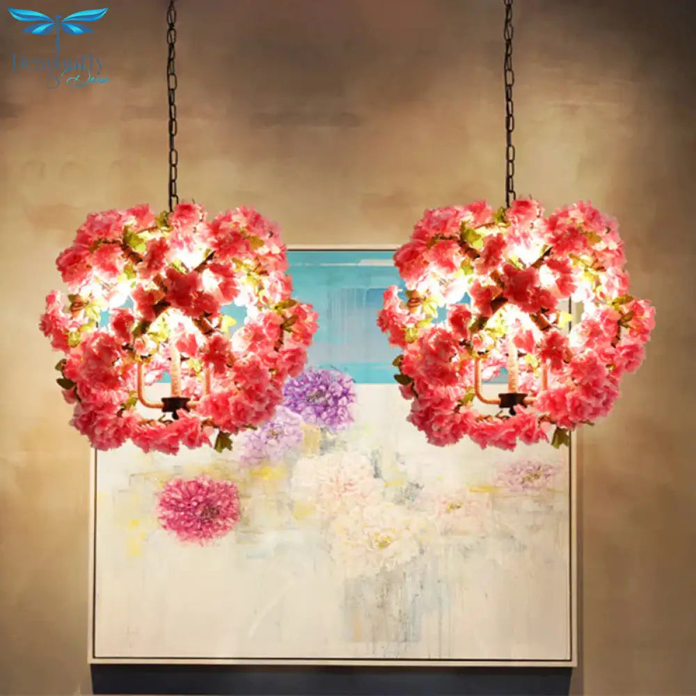 Red/Green 3 - Head Ceiling Chandelier Industrial Rope Orb Cage Hanging Pendant Light With Fake