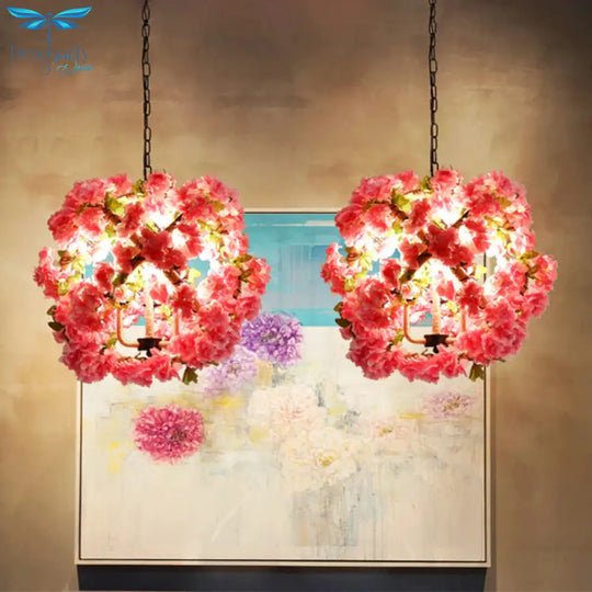 Red/Green 3 - Head Ceiling Chandelier Industrial Rope Orb Cage Hanging Pendant Light With Fake