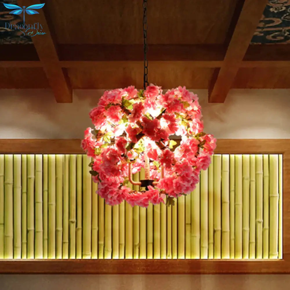 Red/Green 3 - Head Ceiling Chandelier Industrial Rope Orb Cage Hanging Pendant Light With Fake