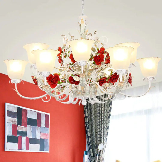 Red Rose Pendant Ceiling Light Pastoral Style White Glass 3/5/8 Heads Living Room Chandelier Lamp