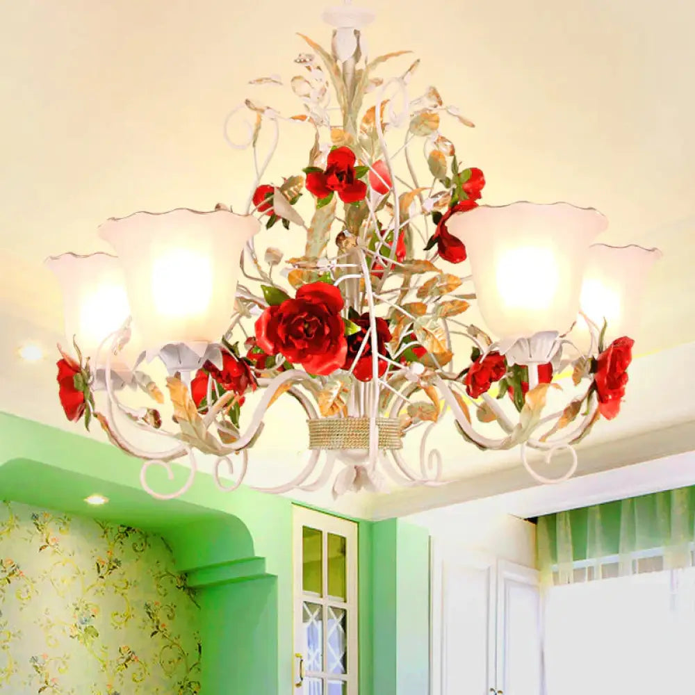 Red Rose Pendant Ceiling Light Pastoral Style White Glass 3/5/8 Heads Living Room Chandelier Lamp 5