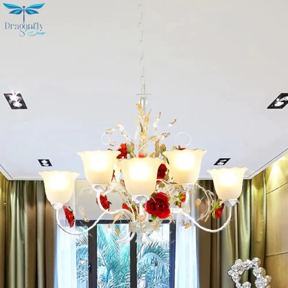 Red Rose Pendant Ceiling Light Pastoral Style White Glass 3/5/8 Heads Living Room Chandelier Lamp