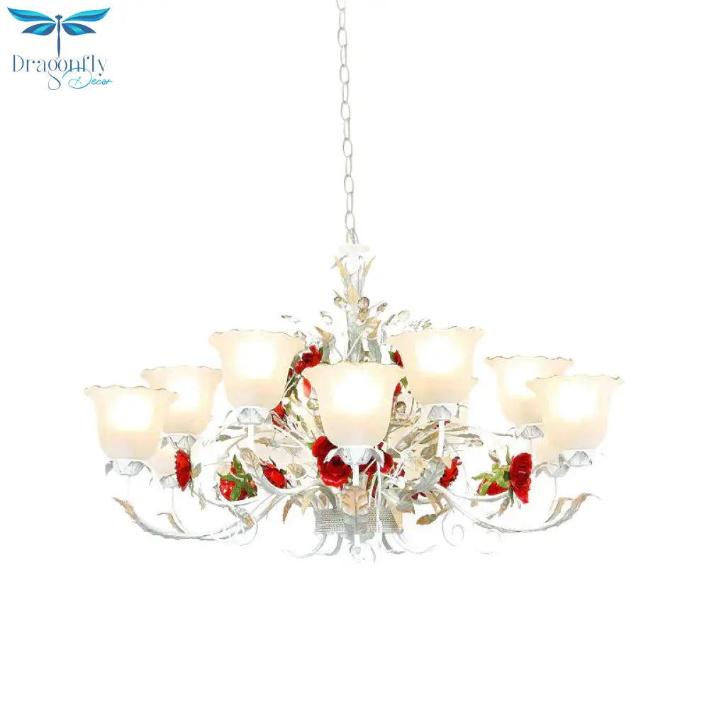 Red Rose Pendant Ceiling Light Pastoral Style White Glass 3/5/8 Heads Living Room Chandelier Lamp