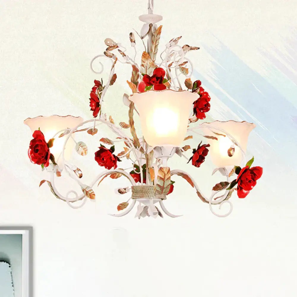 Red Rose Pendant Ceiling Light Pastoral Style White Glass 3/5/8 Heads Living Room Chandelier Lamp 3