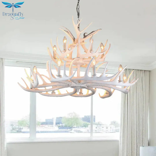Resin Candle Chandelier Lamp Rustic 4/6/9 - Head Bedroom Pendant Ceiling Light With Antler Decor In