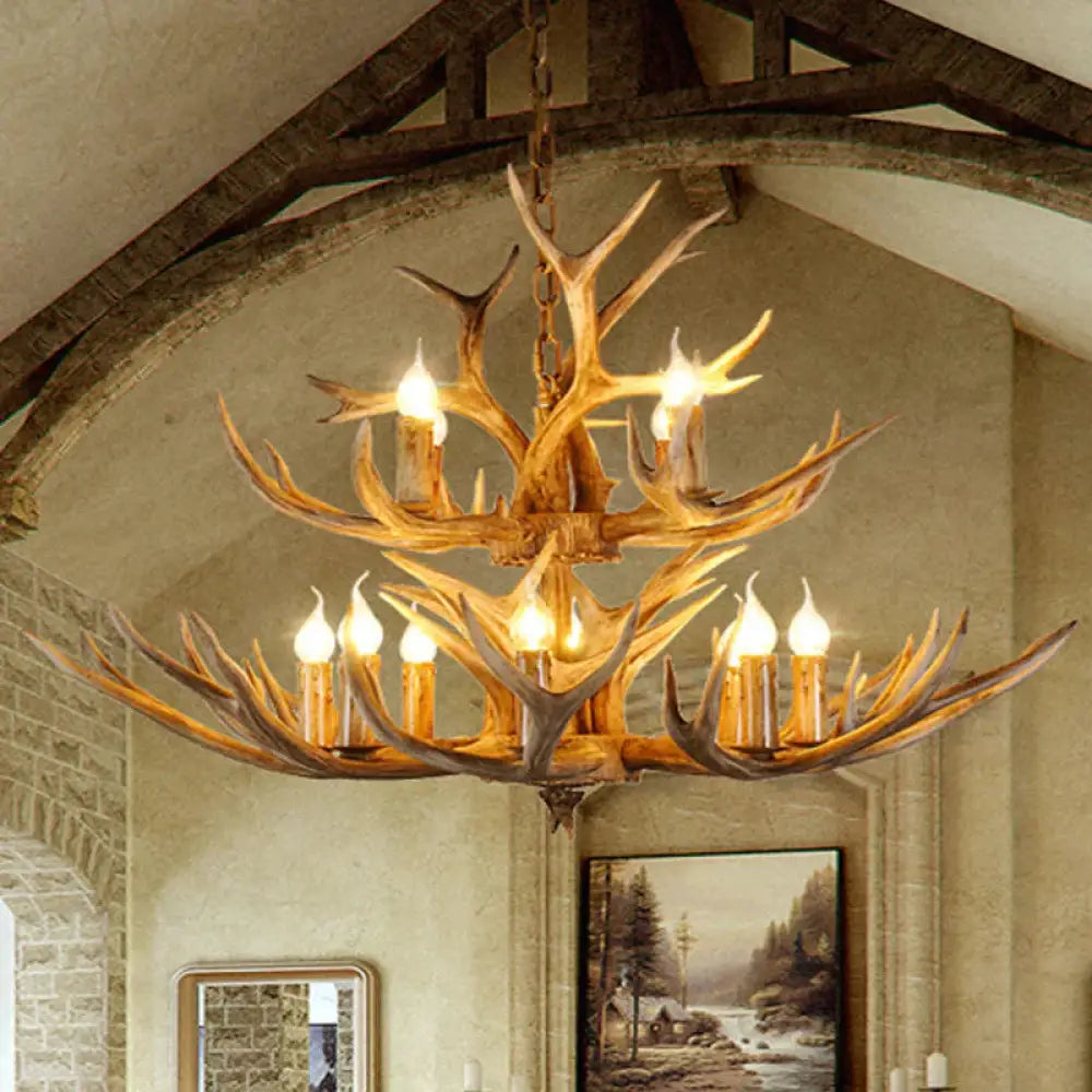 Resin Candle Shape Hanging Chandelier Farmhouse 12 Bulbs Restaurant Suspension Pendant Light In